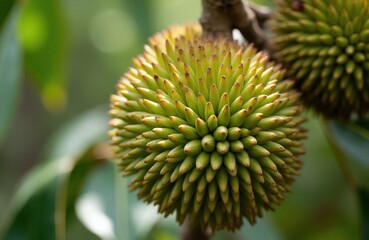 Fototapeta premium Young durian fruit on tree branch with soft green foliage background. Tiny spikes cover fruit surface, indicating growth on tropical plantation. Mature durian fruit is nearby.