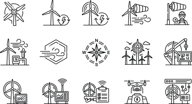 Wind energy and turbine technology thin line icons set featuring power generation weather monitoring and data