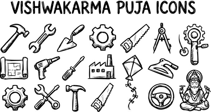 Vishwakarma Puja Icons Set: Hand-Drawn Black  White Sketch of Industrial Tools, Construction Equipment, Manufacturing Symbols, and Lord Vishwakarma Deity