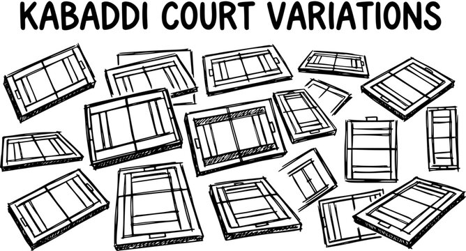 Sports and Recreation: Kabaddi Court Variations in Black and White Line Art. Hand-drawn Sketch of Athletic Fields for Games Design Assets