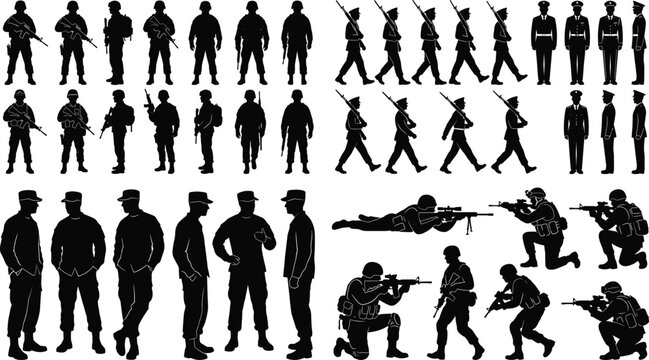 Military soldier silhouette collection showing various combat, marching, and tactical poses for defense, training, and vector illustration
