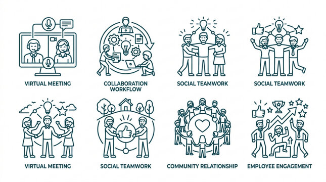 Human interaction and social teamwork line icon pack for virtual meetings and collaboration.