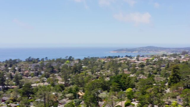 Aerial paning shot (L-R) of Carmel Bay from Pt. Lobos to Pescadero Point, Pebble Beach, California.