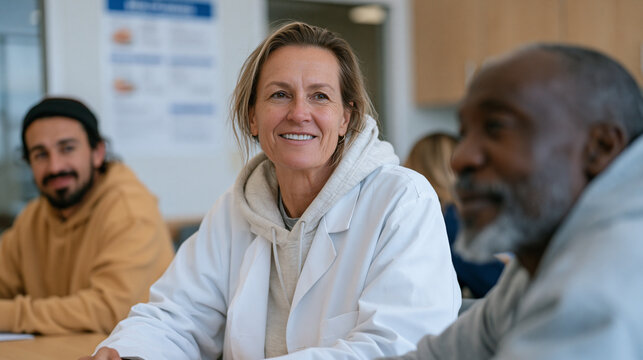 Diabetes management pharmacist facilitates a small group patient education class at a community health center, participants seated at a round table practicing with continuous glucose monitoring sens