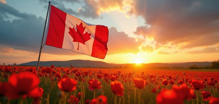Canadian flag waves in field of red poppies at sunset with mountains in background. Beautiful golden hour sky with clouds. Scenic nature landscape with national symbol.