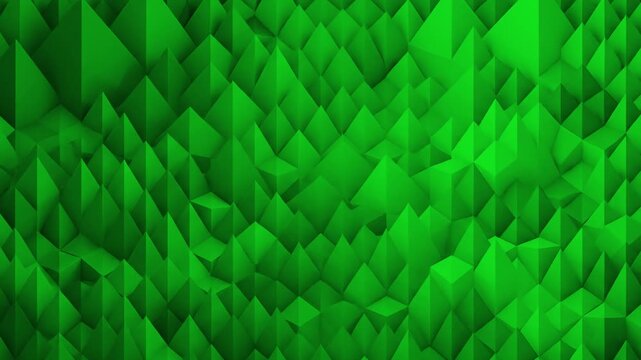 A monochromatic 3D render loop showcasing a low poly abstract background of sharp green geometric pyramids. This seamless technological texture is perfect for eco-tech concepts, corporate videos, loop