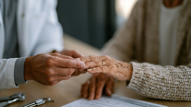 Close-up of an elderly patient's eye receiving smart contact lens glucose sensor fitting instructions from a geriatric endocrinologist in a softly lit clinic examination room, magnification tools ne