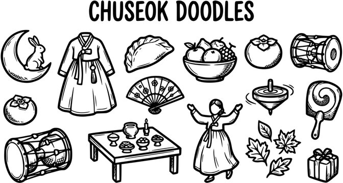 Chuseok Festival Doodles. Hand-drawn Korean Harvest Holiday Symbols and Cultural Elements Collection in Black  White Line Art Style