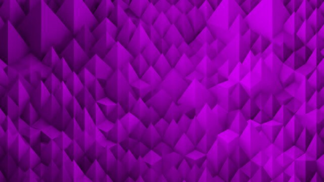 A loopable 3D motion graphic animation of a sharp low poly field with thousands of moving magenta and dark pink triangular pyramids. This abstract geometric pattern creates a dynamic, neon-toned cryst