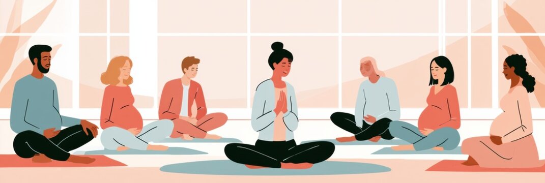 A diverse group of pregnant couples sits on mats in a bright studio while the instructor shows a breathing technique during the class.