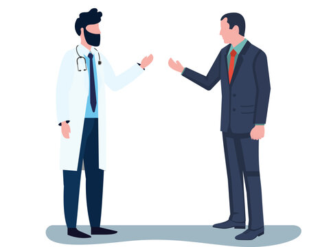 Doctor talking to manager and employer with standing doctor talking to manager side view of suited manager with male healthcare professional. Doctor talking with senior doctor for patient's condition 