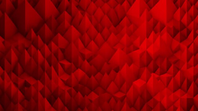 A dynamic 3D abstract background featuring a dense landscape of low poly sharp pyramids shifting and refracting light in deep red gradients. This geometric animation serves as a perfect high-energy ba