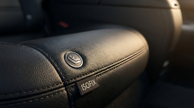 Close-up of a car seat with an ISOFIX label, illustrating safety and child restraint systems