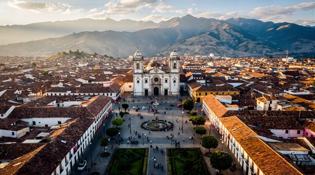 Aerial view of the white colonial cathedral in Popayan Colombia during sunset.