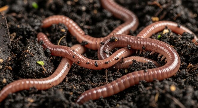 Red wiggler worms in soil closeup.