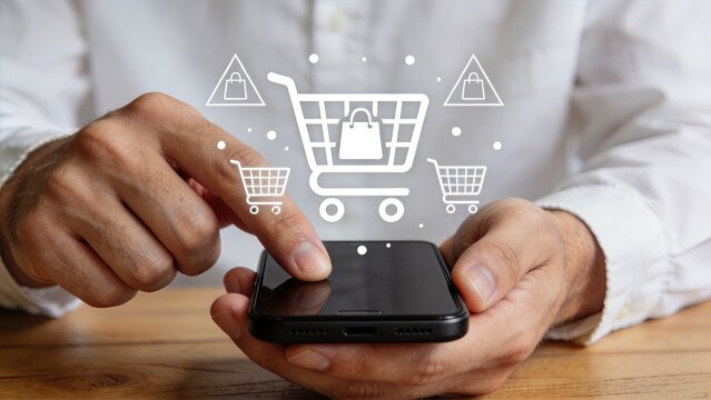 Person using smartphone for online shopping, digital commerce concept with shopping cart icons, secure payment and e-commerce transaction illustration on mobile device screen