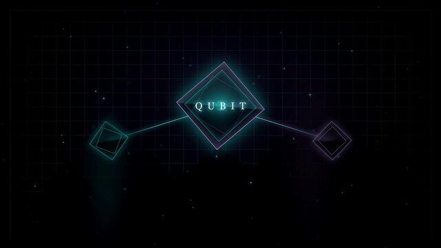 Digital Quantum Computing Network and Data Transmission Concept with Abstract Geometric Shapes and Glowing Lines on a Dark Background