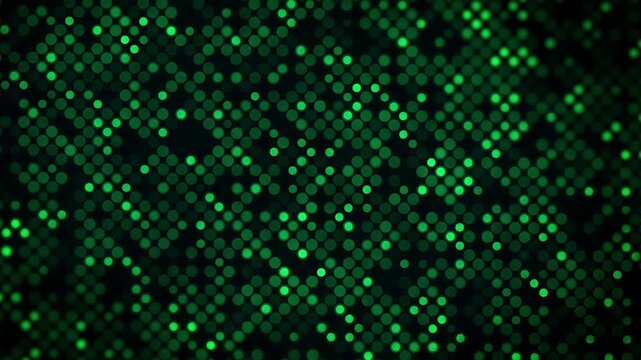 Dark backdrop in a dense grid of glowing green circular dots of varying brightness levels simulating an electronic screen pixel array. Loop animation. Digital LED dot matrix abstract background.
