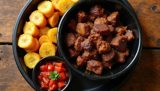 Haitian griot dish of tender fried pork chunks served with sweet fried plantains and spicy pikliz salad. Delicious traditional Caribbean meal presented on dark plate.