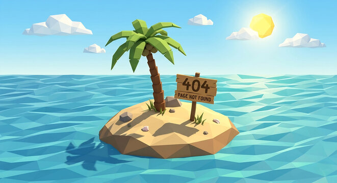 Low poly 3d illustration of a tropical island with a 404 error sign