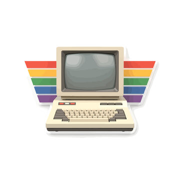 Vintage computer with rainbow wings a symbol of retro computing and pride.
