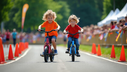 Obraz premium Two young kids race on balance bikes on an outdoor track with spectators cheering. Children pedal hard, smiling, enjoying a sunny day competition on their small wheels. Fun event for kids.