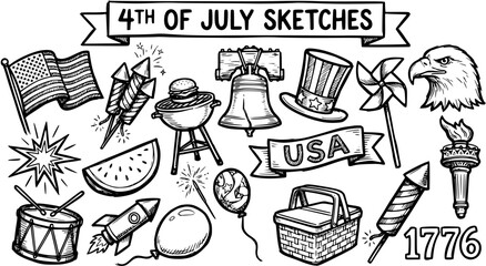 Patriotic 4th of July Doodles: Black and White Hand-Drawn Line Art Sketch Icons for American Independence Day Celebration. © arulumia