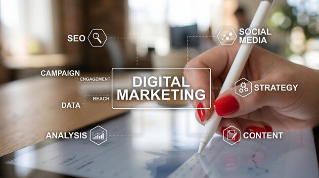 Close-up of a person analyzing business data on a tablet with white digital marketing strategy graphics overlay.SEO, content, analysis, office 
