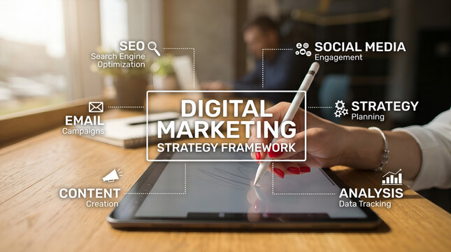 Close-up of a person analyzing business data on a tablet with white digital marketing strategy graphics overlay.SEO, content, analysis, office 