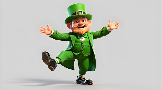 Cheerful dancing leprechaun character wearing a green suit and top hat for Saint Patricks Day celebration.