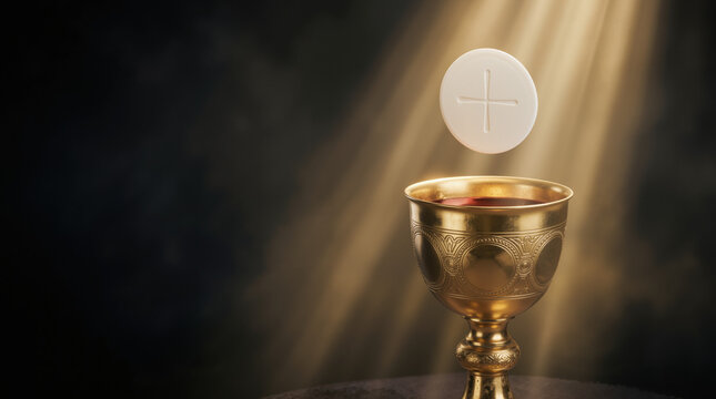 Golden chalice with red wine and a hovering communion wafer illuminated by a divine beam of light. Holy Eucharist and Christian sacrament concept. Dark textured background with copy space for text