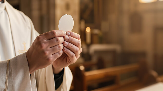 Close up of a priest's hands holding a communion wafer. Holy Eucharist sacrament during mass in a church. Copy space for text