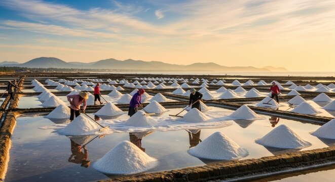 Salt farm workers harvesting salt piles.