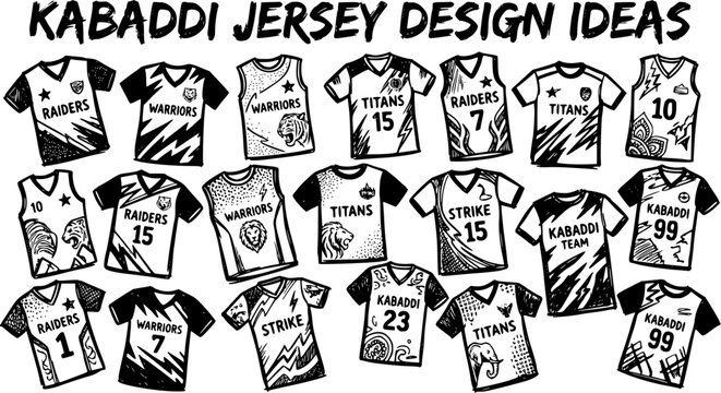 Black and white line art collection of Kabaddi jersey design ideas, featuring team names and graphics