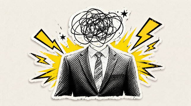 Pop Art Halftone Businessman with Chaotic Scribble Head Sticker Illustration, Workplace Stress and Mental Overload, Torn Paper Collage Element, Retro Magazine Style Graphic