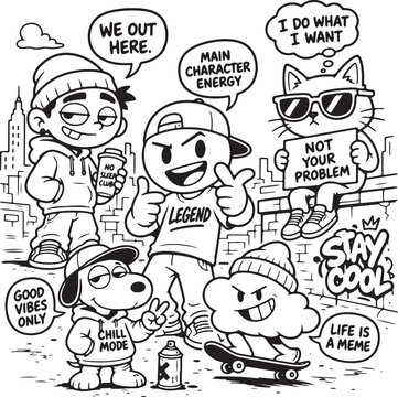 Cartoon characters, urban humor, black and white illustration, meme culture, vector graphics