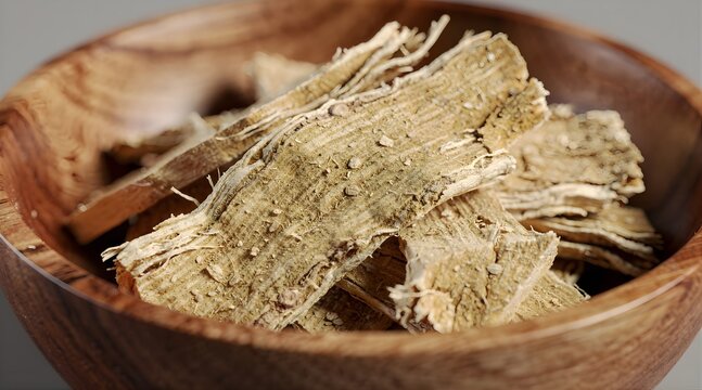 Close up of dried Astragalus membranaceus root slices in a wooden bowl.