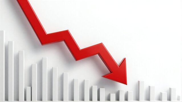 Red arrow drops sharply over white bars symbolizing decline or