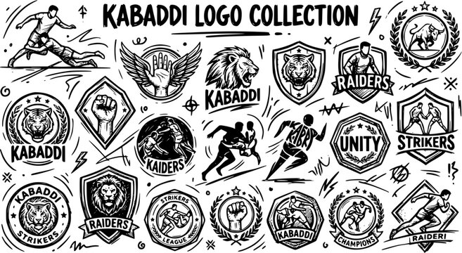 Kabaddi Sport Logo Collection Black and White Line Art Vector Icons