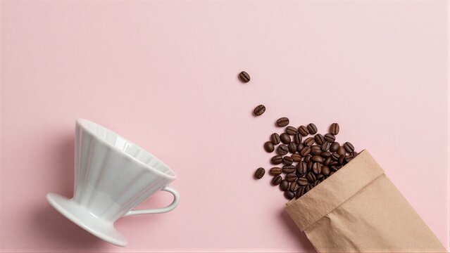 Coffee beans spill from a bag beside a white pour-over cup on pink
