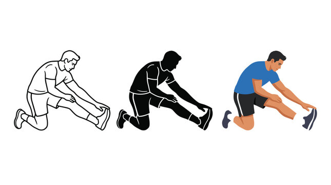 Athletic man performing a hamstring stretch shown in three different artistic styles including a line art version a solid silhouette and a colorful flat design illustration