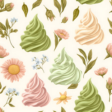 Soft-serve ice cream featuring a combination of matcha, strawberries, and flowers. Cute botanical dessert illustration