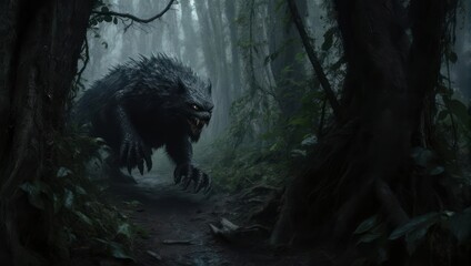 Naklejka premium Mysterious Creature Lurking in a Dark, Foggy Forest.