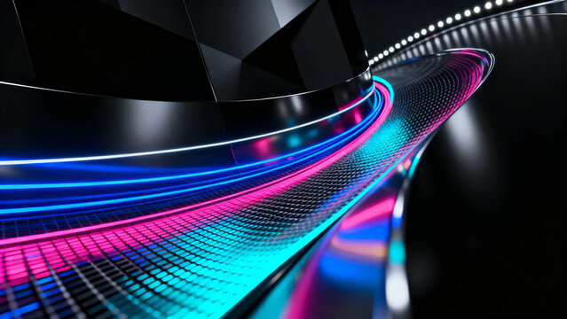 Futuristic luxury SUV electric car with colorful neon light trails on black background, 3D illustration.