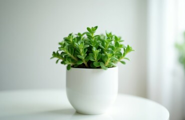 Fototapeta premium Small green succulent plant in white pot on white table. Rich leaves grow from thick stems. Clean indoor decor or gardening concept. Nature beauty, home.