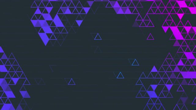 An abstract dark grey background featuring geometric clusters of outlined and filled triangles in neon purple fuchsia and blue colors concentrated around the edges with copy space. Loop animation.