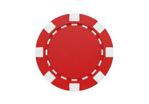 A single red casino poker chip with white markings seen from above isolated transparent png.