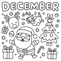 Fototapeta premium December coloring page with santa claus, reindeer, christmas tree, and gift boxes