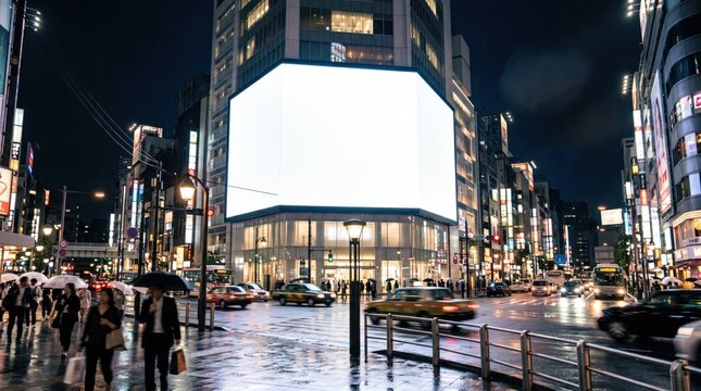 Large blank white billboard mockup on a modern building facade in a bustling Tokyo city intersection at night during rain with wet streets, bright neon lights, and pedestrian activity.