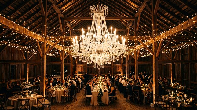 Elegant event lighting showcases massive crystal chandelier hanging inside rustic wooden barn decorated with warm glowing amber lights.